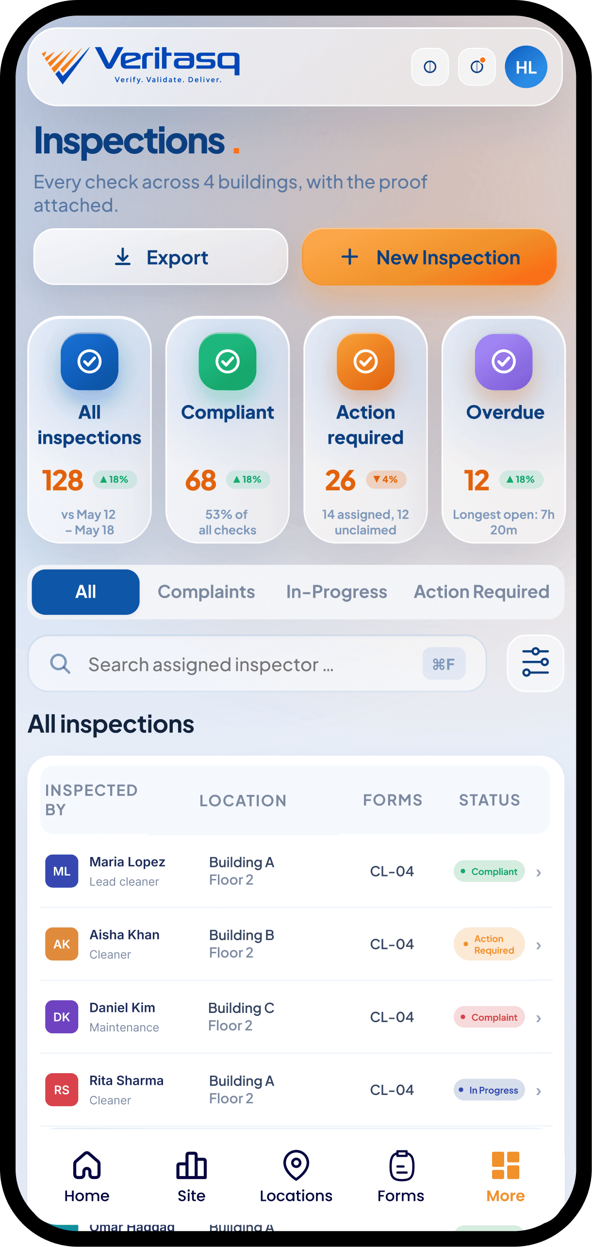 Veritasq Inspector inspections screen with active rounds, completed tasks, and flagged issues