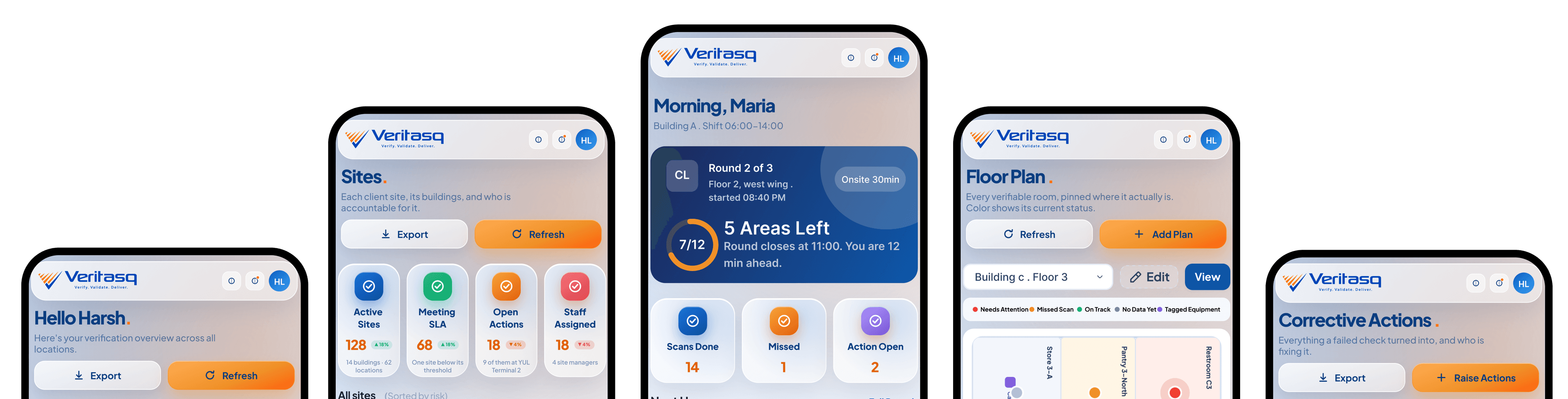 Veritasq mobile verification app screens showing Sites, Rounds, Floor Plans, and Corrective Actions