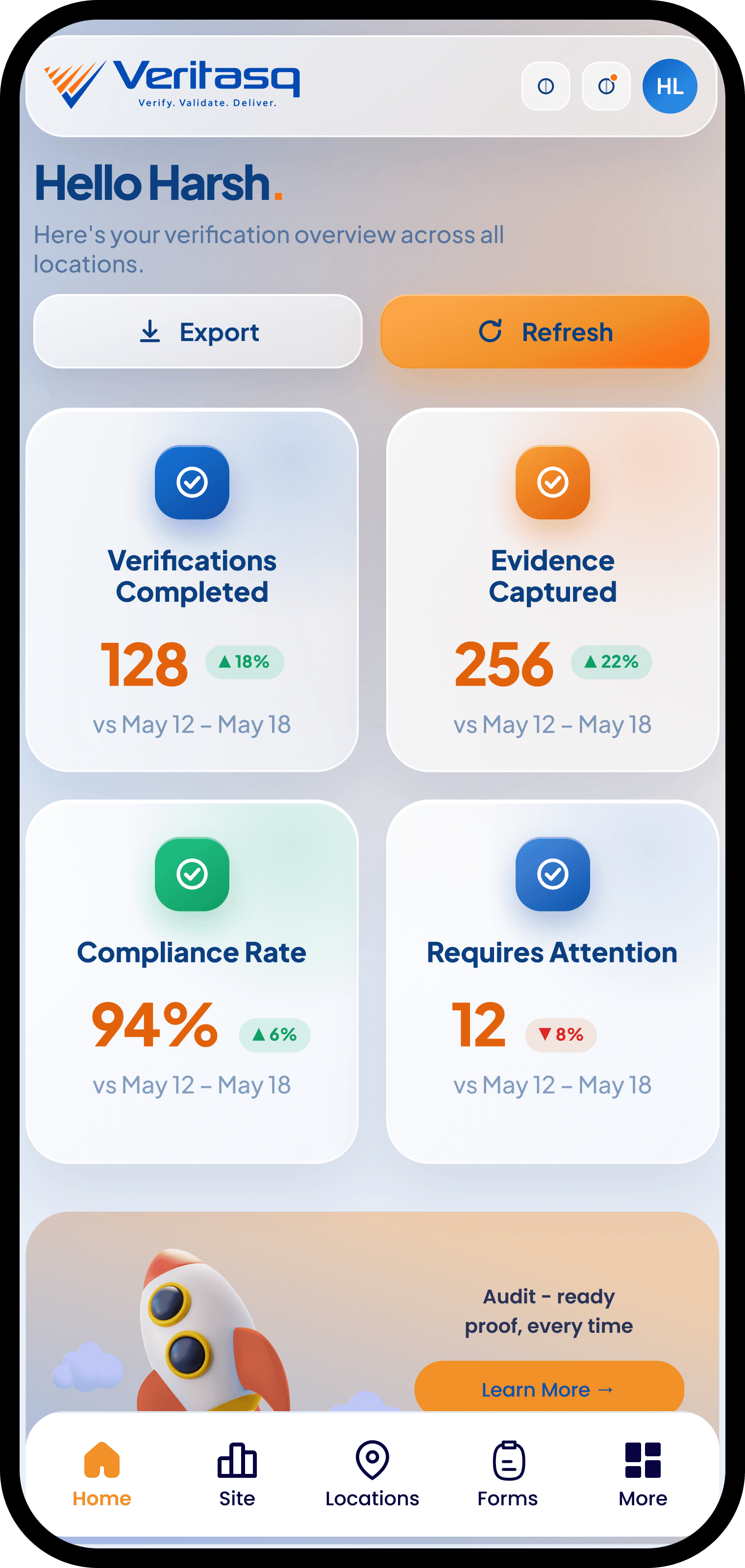 Veritasq mobile verification dashboard showing completed verifications, evidence captured, and compliance score